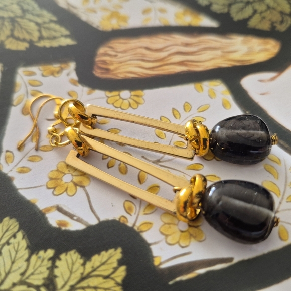 Modern Gold and Black Dangle Earrings with Geometric Design And Black Drop - Picture 5 of 5